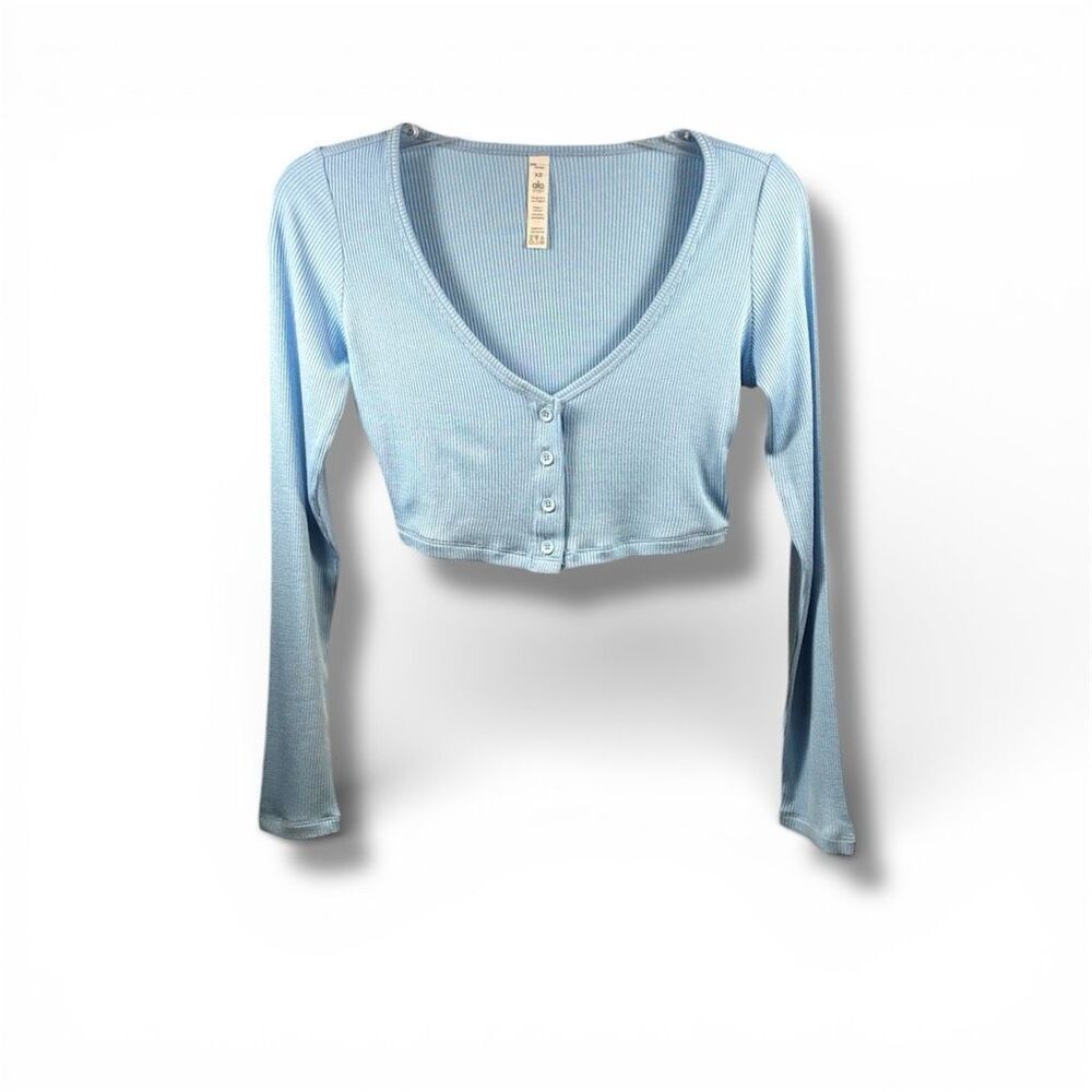 ALO Yoga NWT Ribbed Cropped Whisper Cardigan Higher Love in Blue Skies Size XS